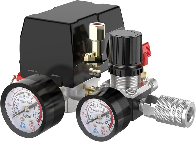 cnaodun Air Compressor Pressure Switch Control Valve, 90-120 PSI Air Compressor Switch Equips Four-Port Pressure Regulator Gauge 1/4 NPT Thread - Image 1
